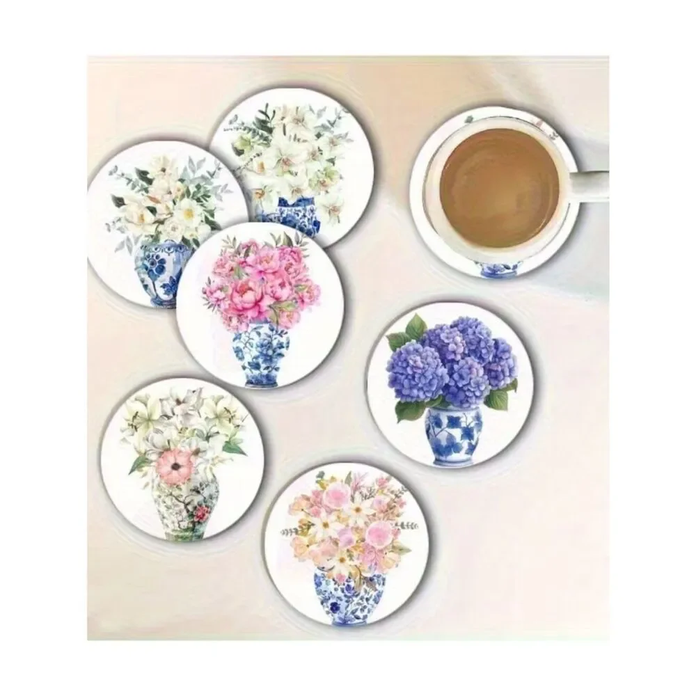 NWT 6pc Chinoiserie Blue White Floral Acrylic Coasters Non-Slip Cork Base